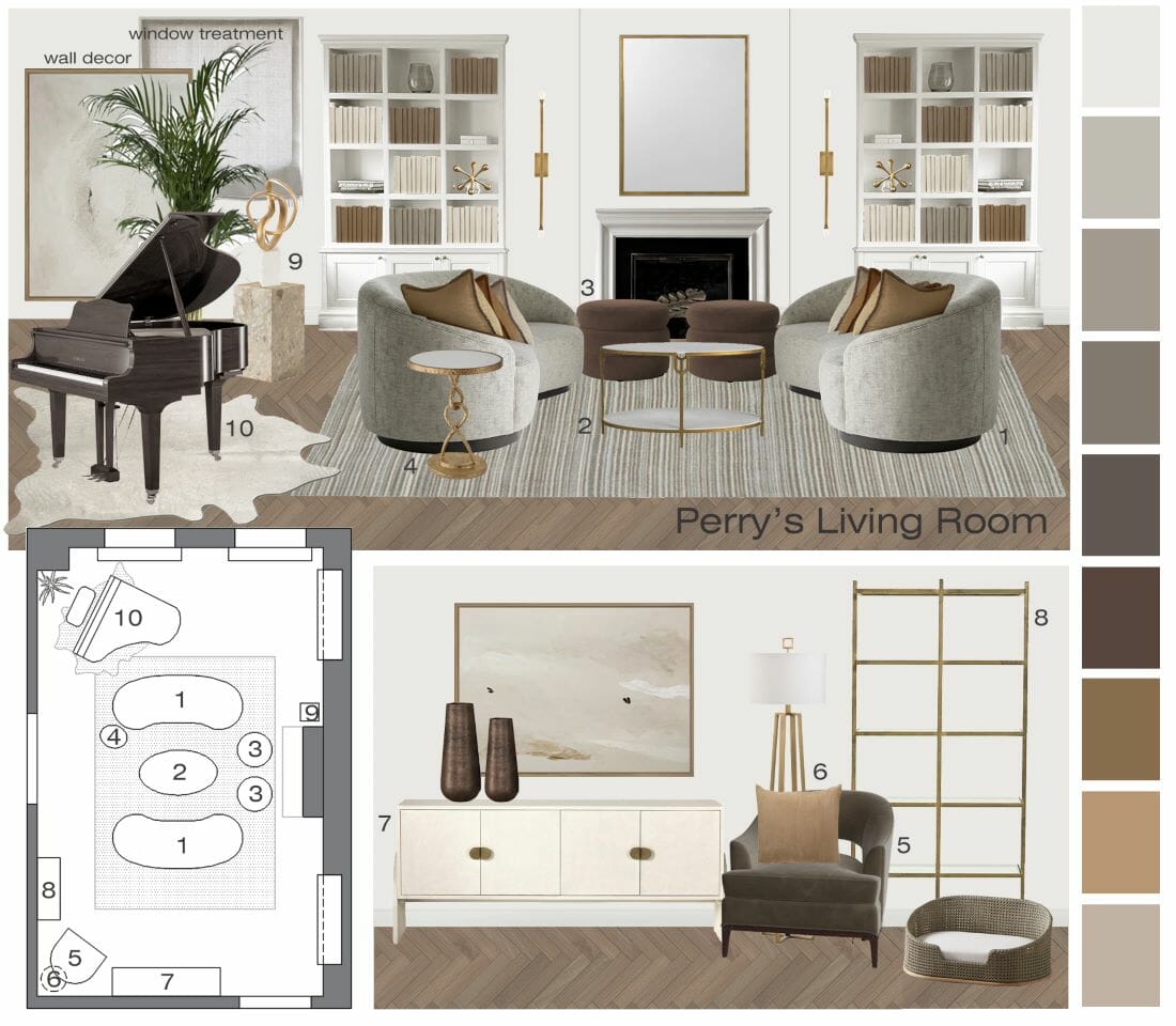 Design moodboard for a living & dining room with built-in cabinets by Decorilla