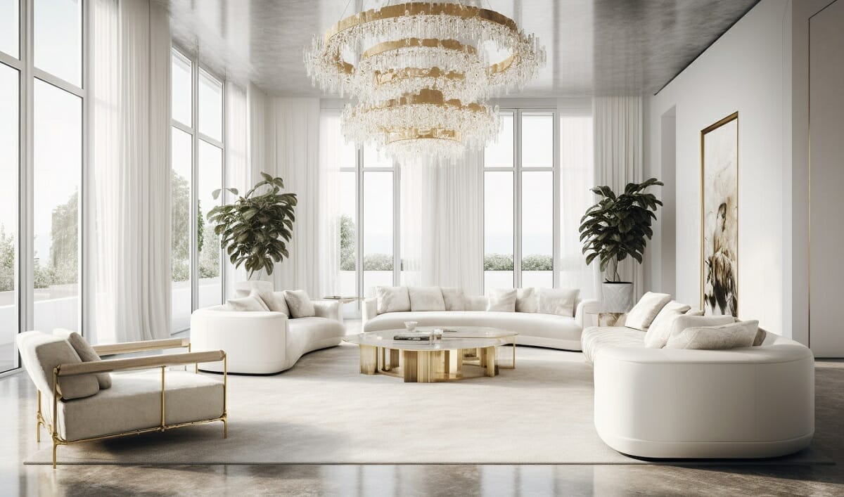 Different types of curved sofas in a glamorous interior