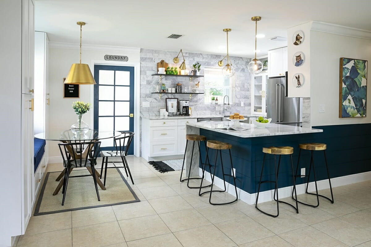 Eat in kitchen island with a white and blue color scheme