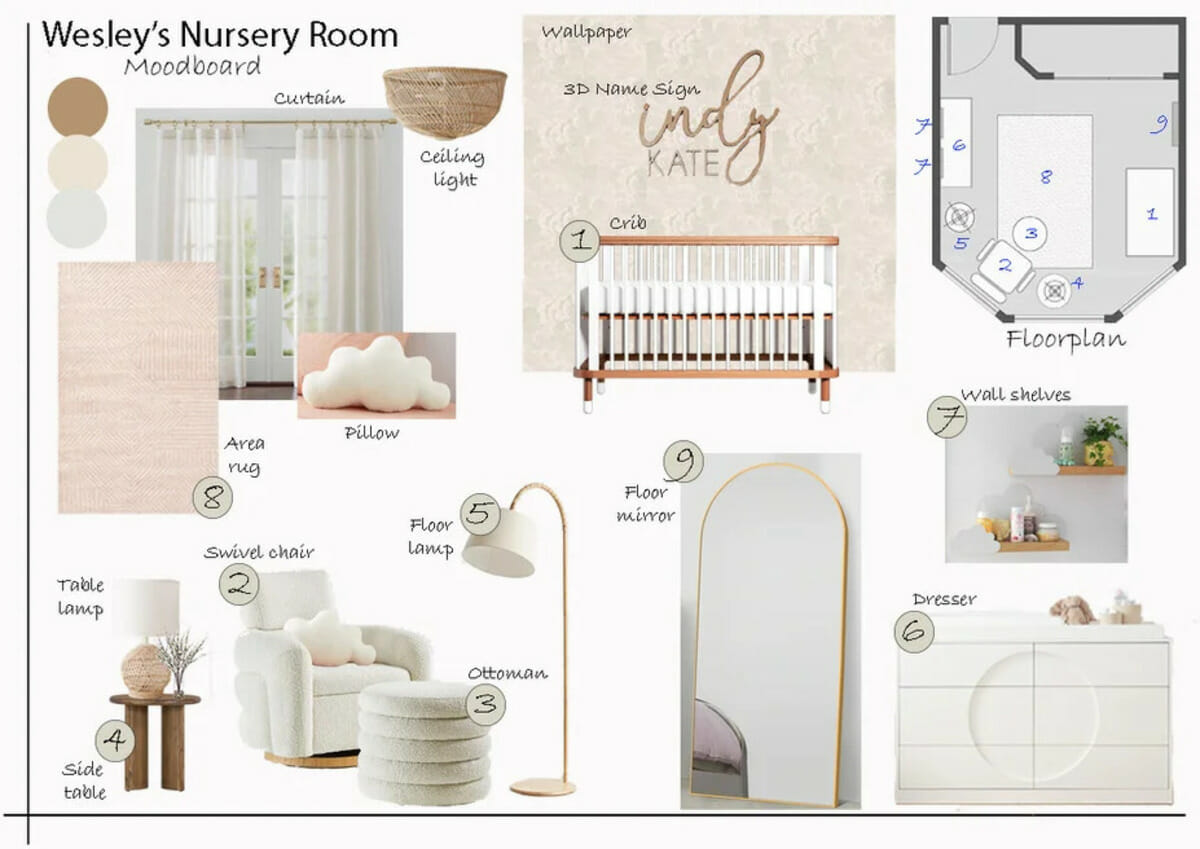 Gender-neutral color palette for a nursery design by Decorilla