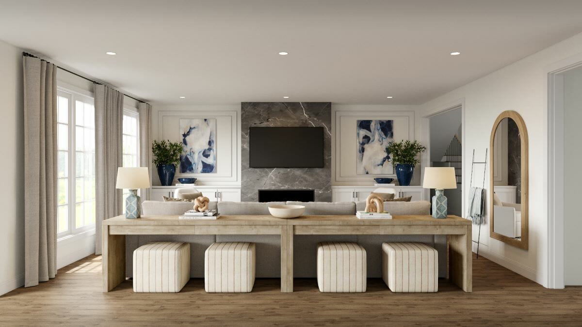 Luxury farmhouse interior design of a living room by Decorilla