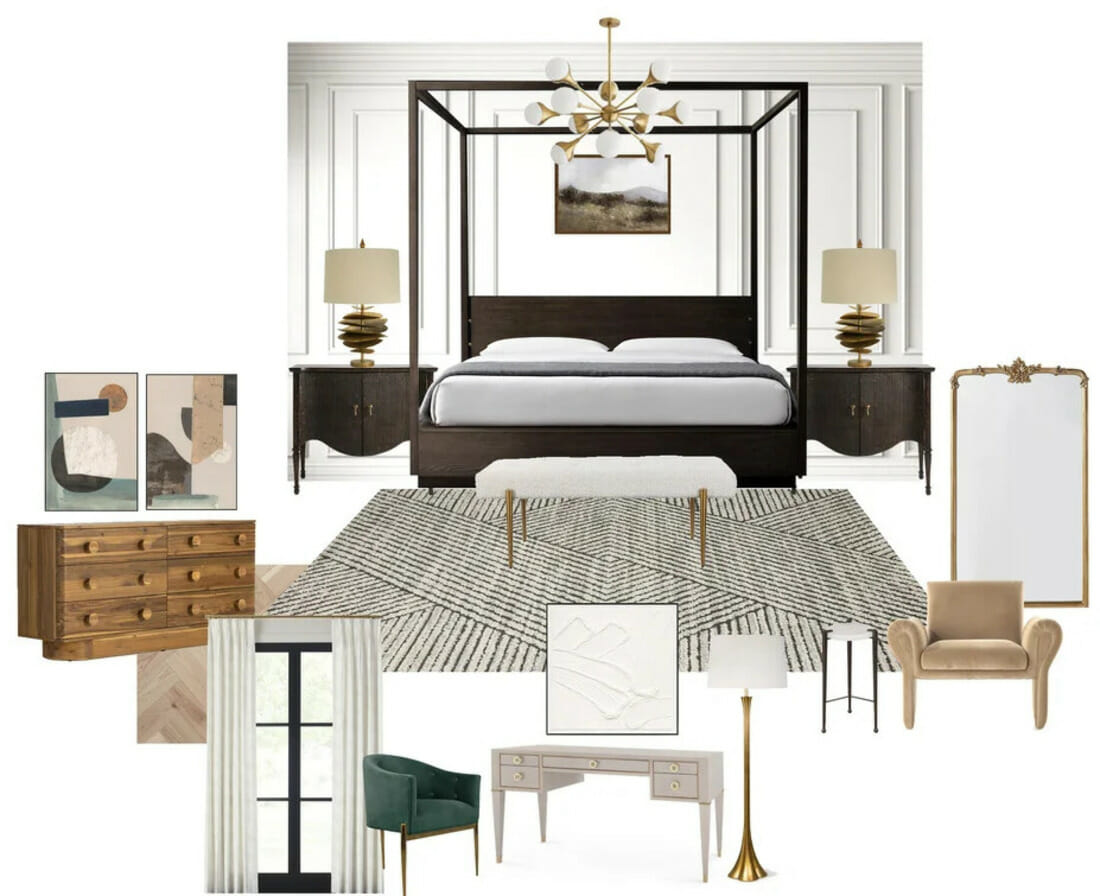 Master bedroom with bathroom design moodboard by Decorilla