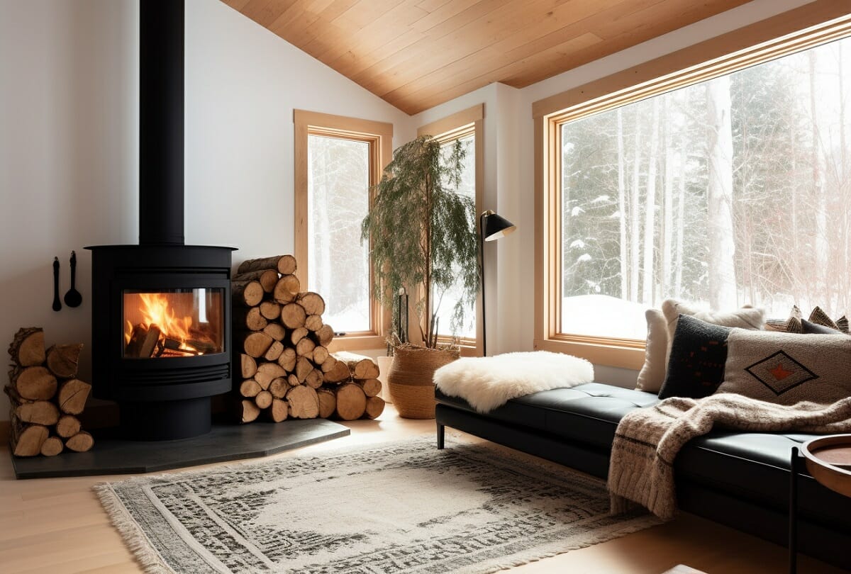 Simple scandinavian living room with fireplace