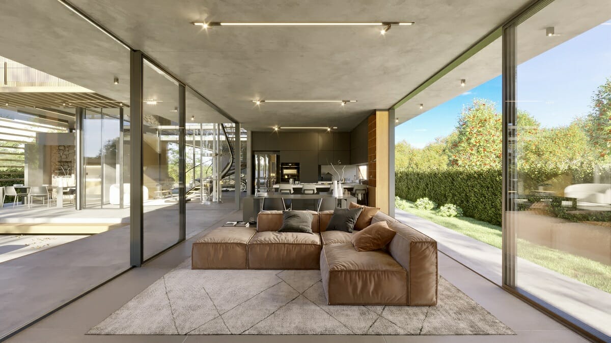 Minimalist décor living room in an open concept interior