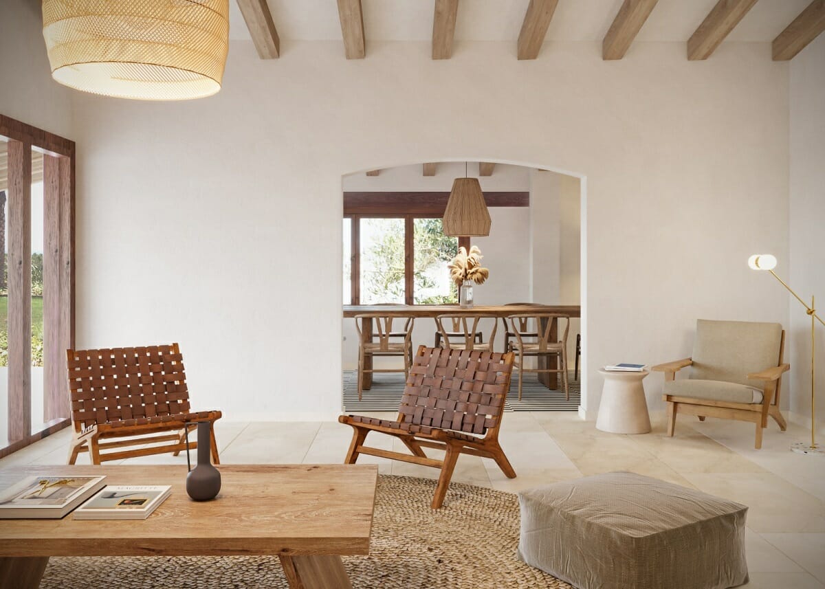 Minimalist mid-century modern living room with organic furniture