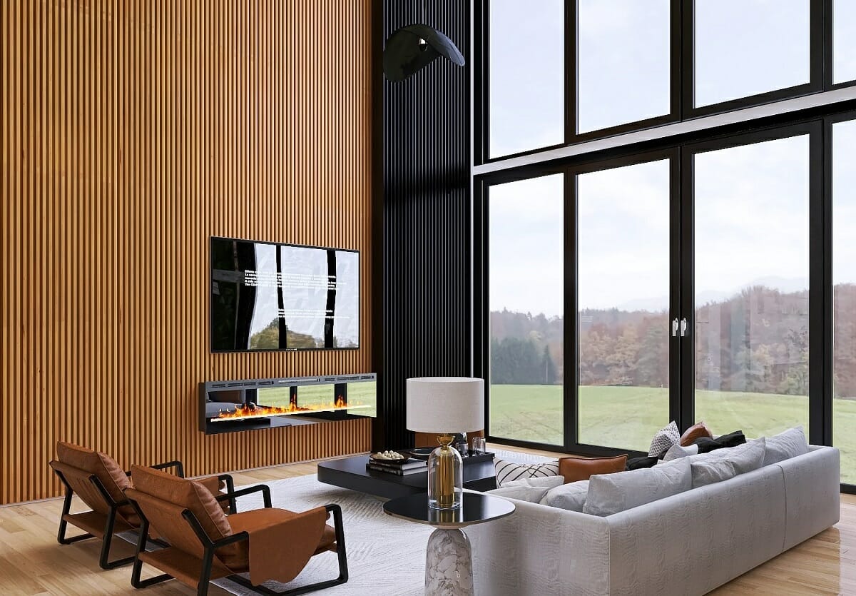 Modern minimalist living room ideas with a wood slat feature wall