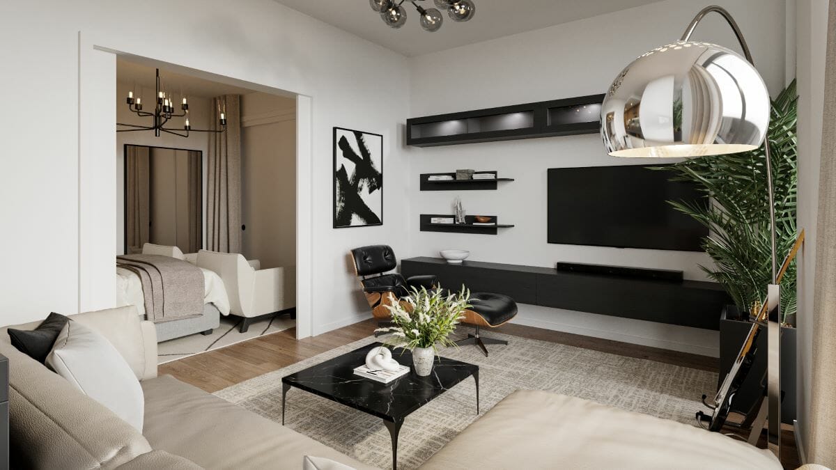 Modern small studio apartment layout by Decorilla