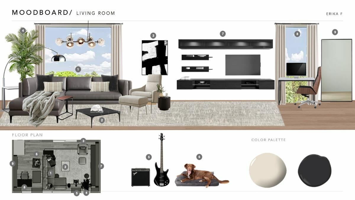 Modern studio apartment interior design moodboard by Decorilla