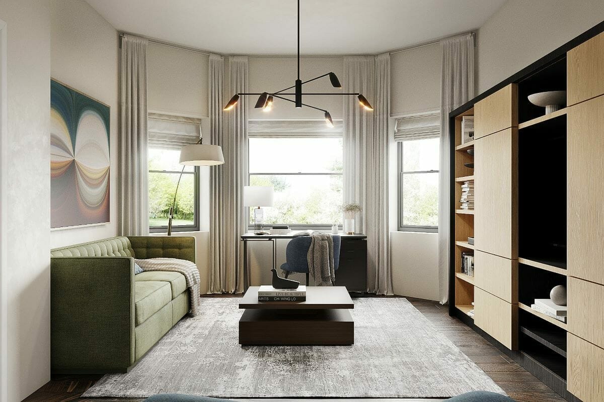 Multipurpose guest room design with a reading nook and workspace