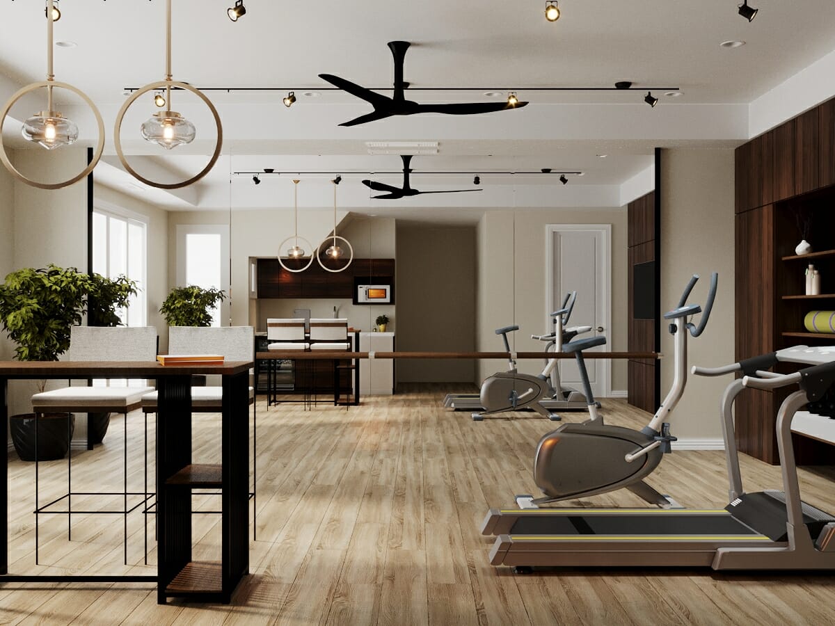 Multipurpose room design for a home gym and kitchenette