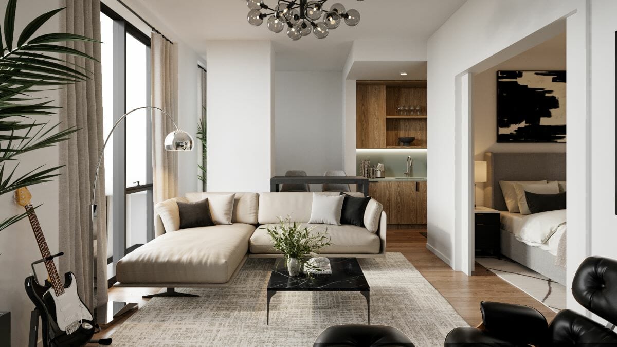 Small studio living room interior design by Decorilla
