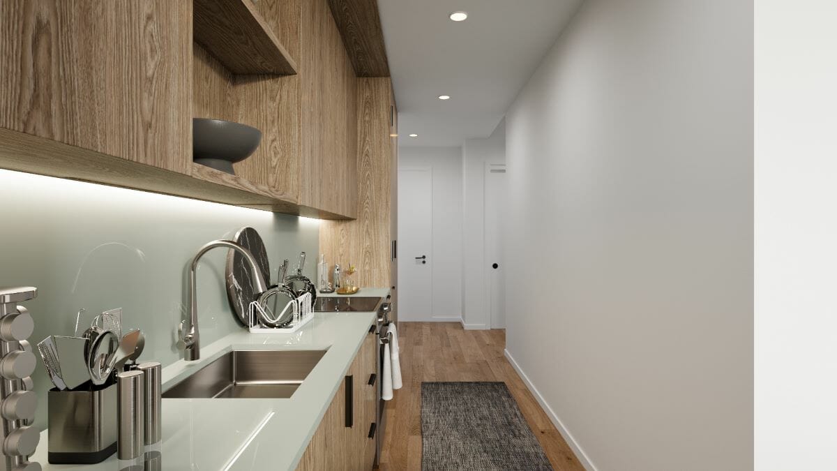 Small studio with a modern minimalist kitchen, design by Decorilla