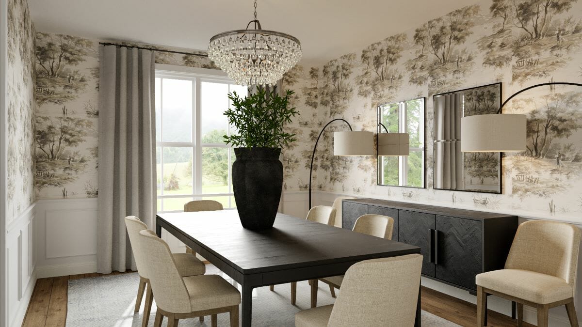 Upscale farmhouse dining room design by Decorilla
