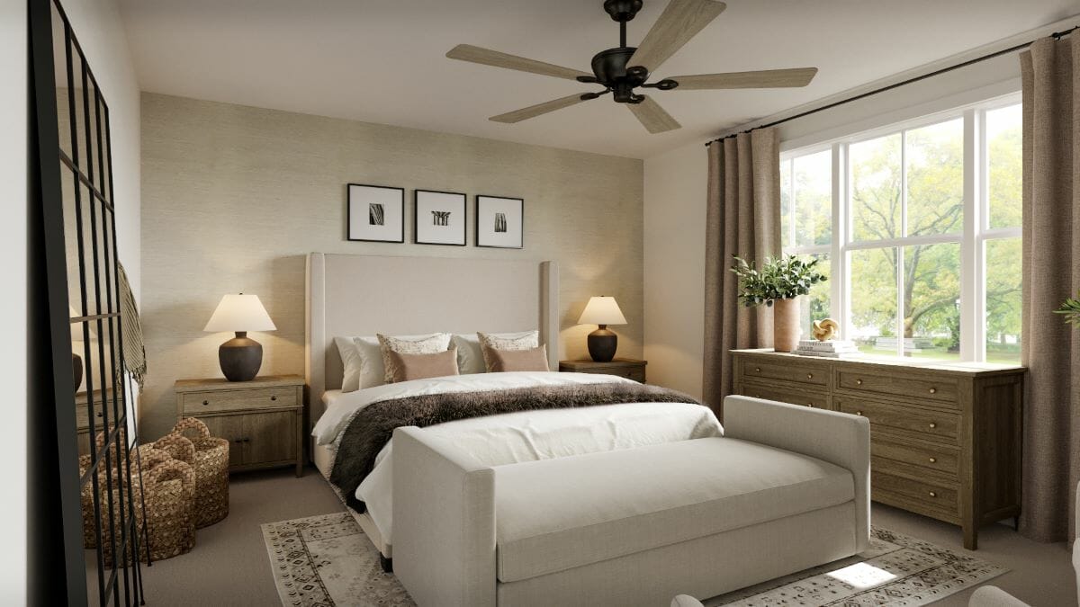 Upscale farmhouse master bedroom design by Decorilla