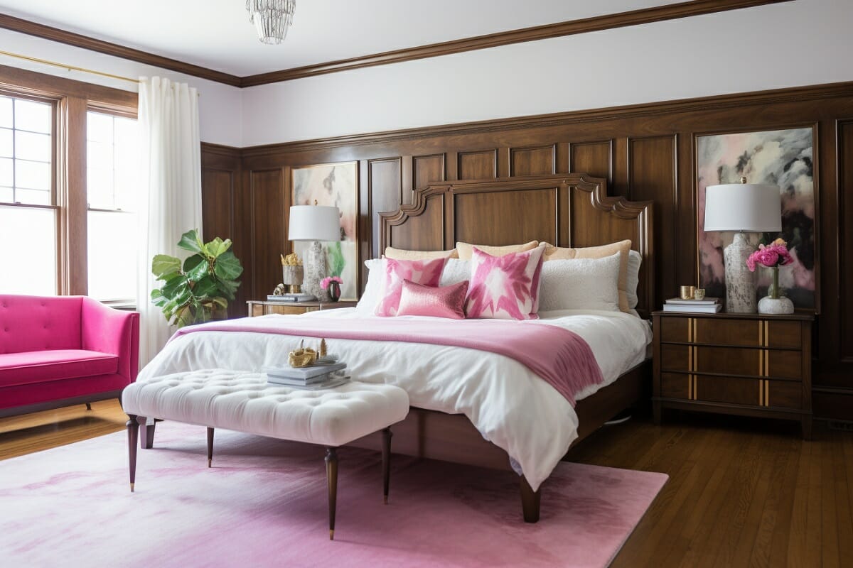Barbiecore aesthetic in a traditional bedrooom interior design
