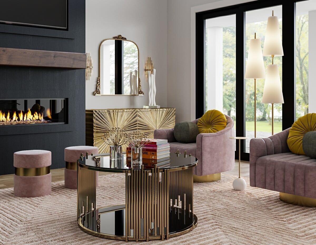 Barbiecore decor in a living room with a glam style