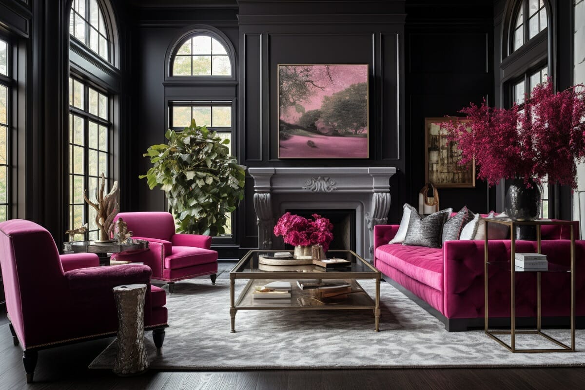 Barbiecore decor in a moody neoclassic interior design