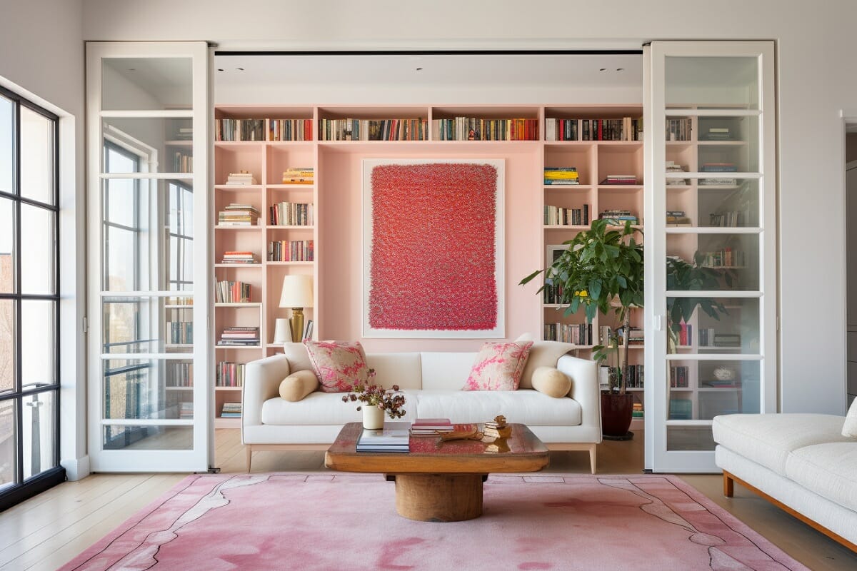 Barbiecore pink in a living room and library