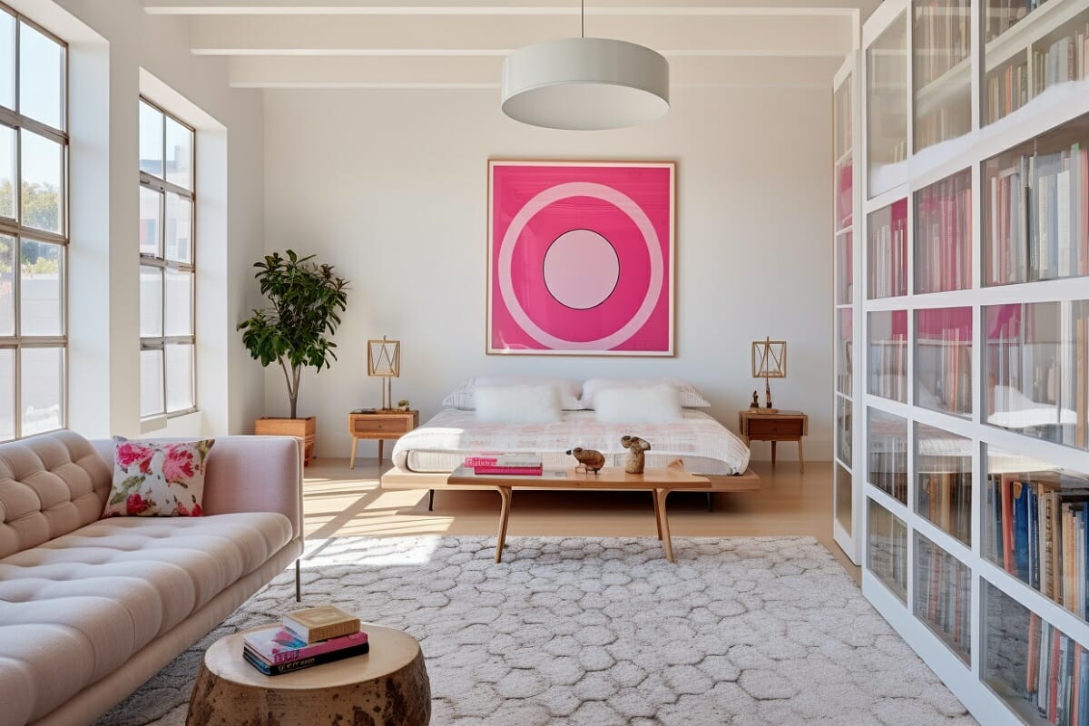 Barbiecore pink interior design with retro furniture