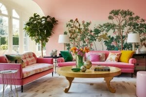 Barbiecore pink trend for a sunny living room interior design