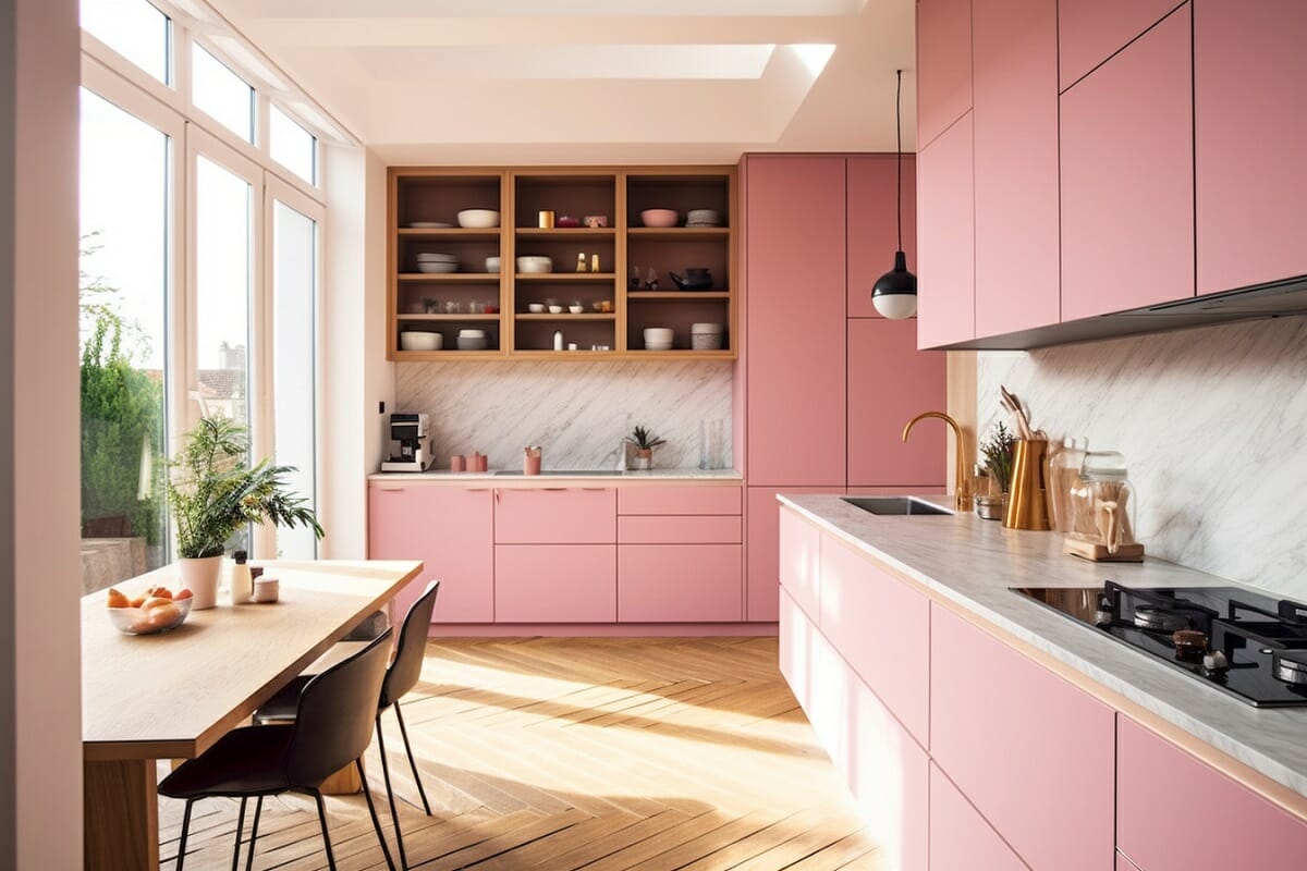 Barbiecore pink trend in a kitchen with neutral home decor