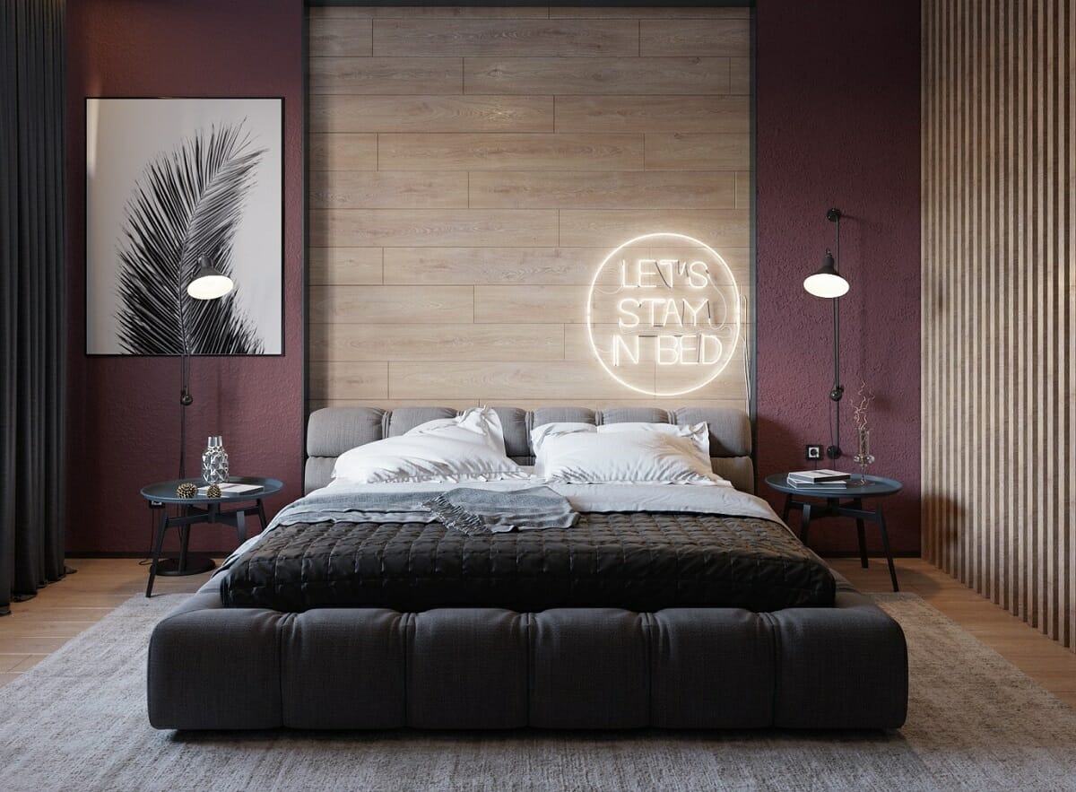 Bedroom paint color ideas with a wood feature wall combination