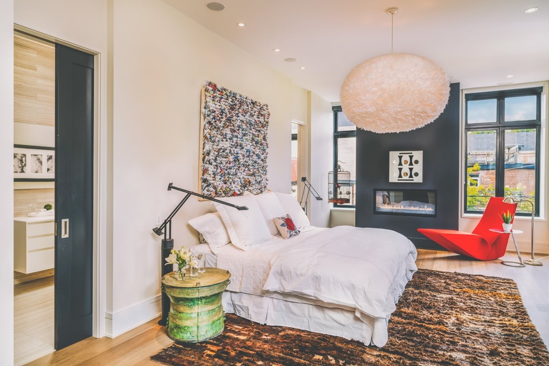 Bedroom with different colored furniture