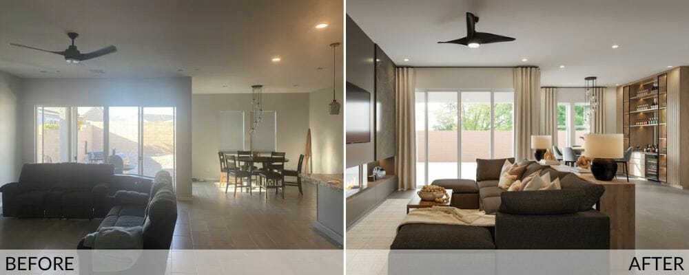 Before (left) and after (right) modern living and dining room design by Decorilla