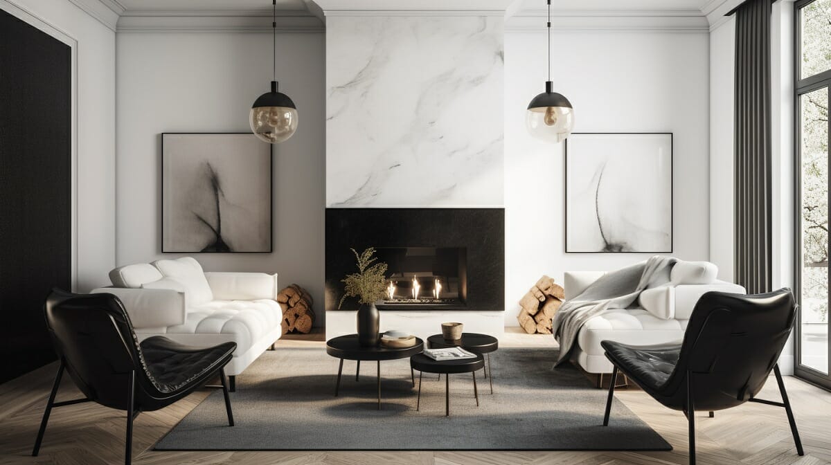 Black and white gallery wall ideas around a fireplace in a living room