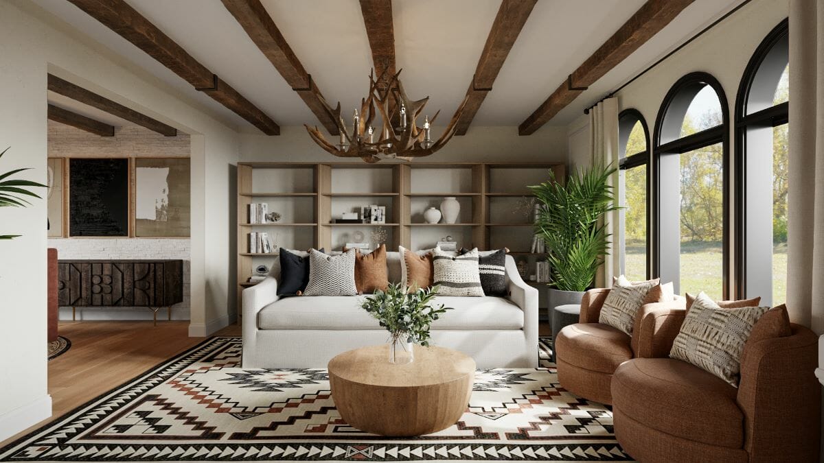 Cozy aesthetic of a rustic living room by Decorilla designer Erica F.