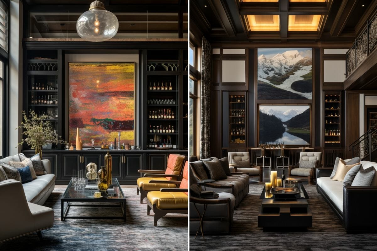 Dramatic & highly aesthetic living room ideas with a built-in wet bar by Decorilla designer Oliver
