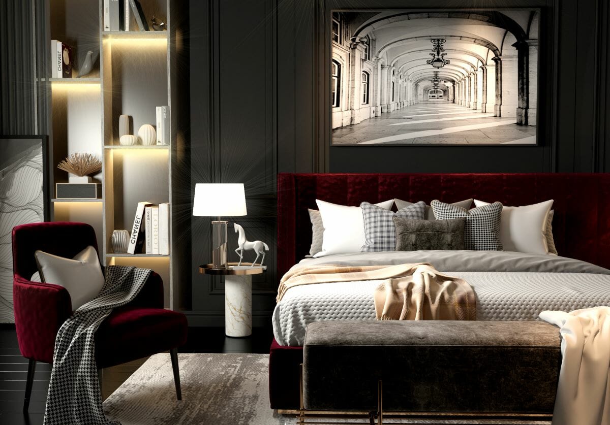 Dramatic small bedroom design inspiration by Decorilla designer Mena H.