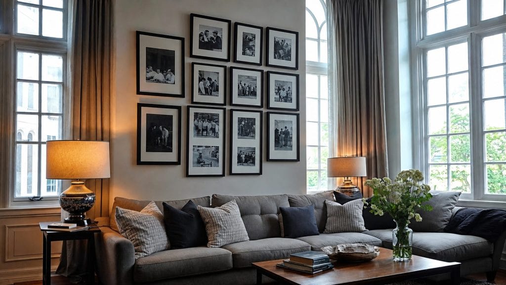 Gallery wall ideas featuring personal photos, in a living room by Decorilla