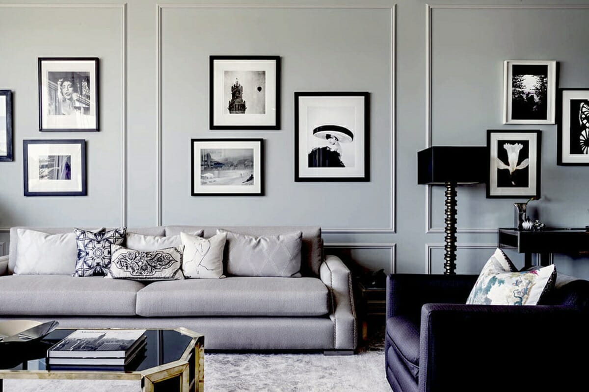 Gallery wall ideas for a masculine gray living room design