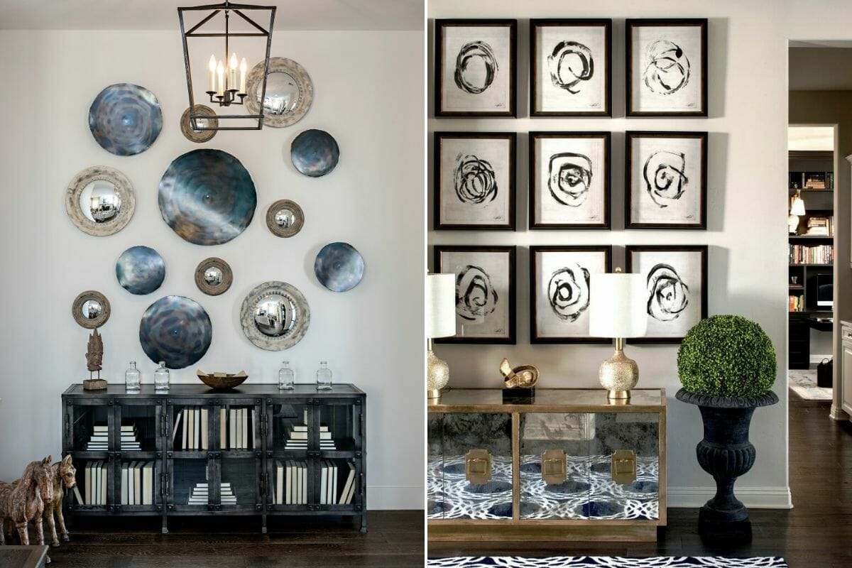 Hallway gallery wall ideas with framed abstracts and metallic plates and mirrors