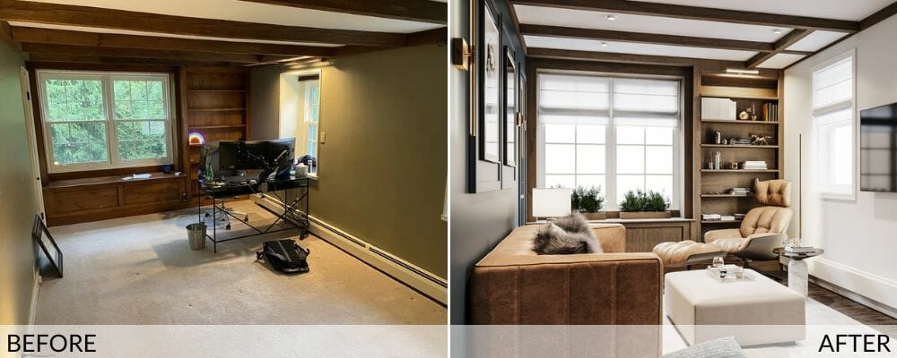 Masculine glam home office before (left) and after (right) design by Decorilla