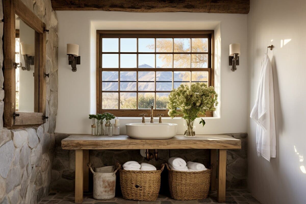 Mediterranean style decor in a bathroom with a stone wall and rustic wood accents