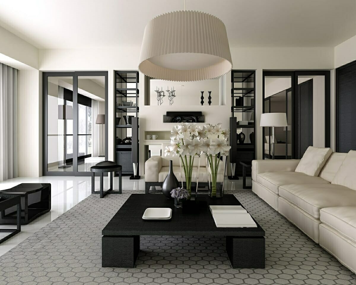 Mix and match black and white furniture in a living room