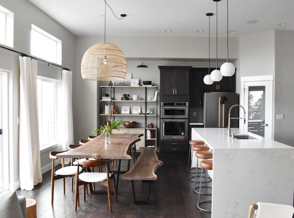 Mixed and matched dining chairs with a bench