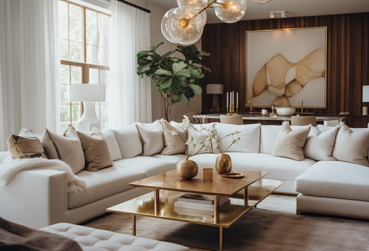 Modern luxury living room design with gold accents