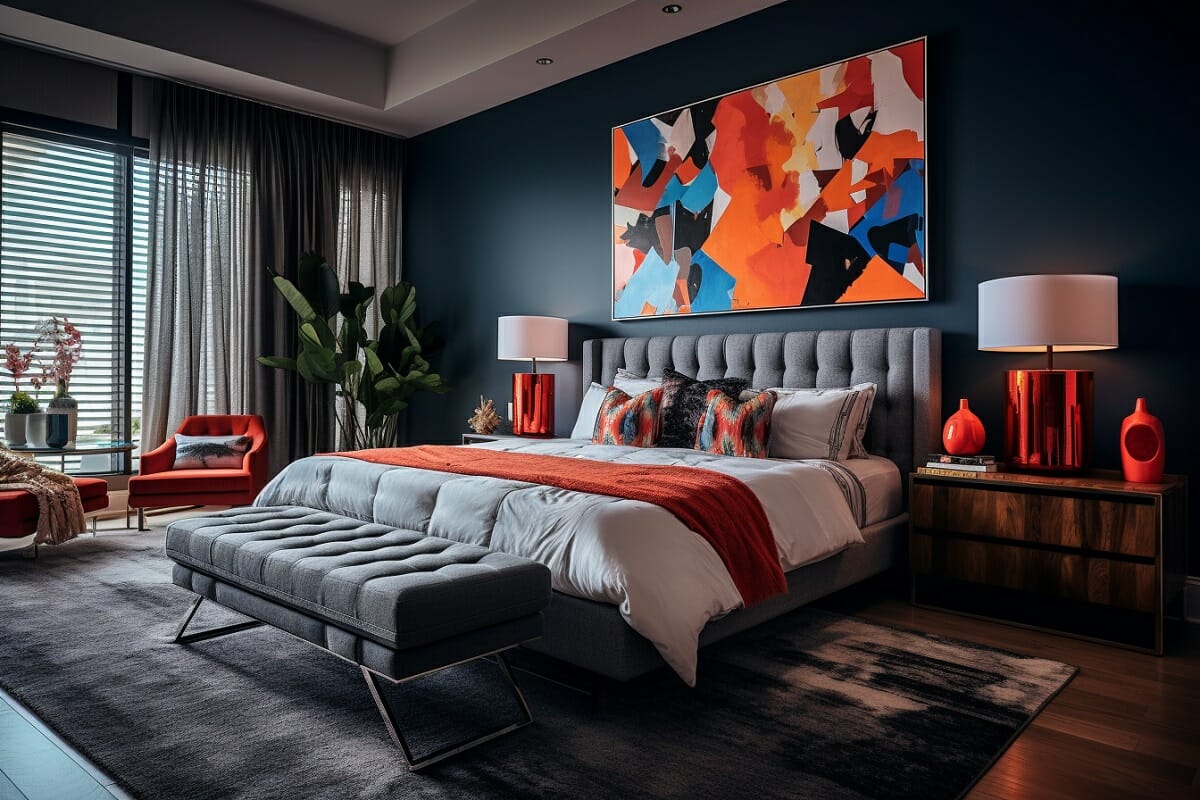Modern master bedroom design inspiration in moody navy