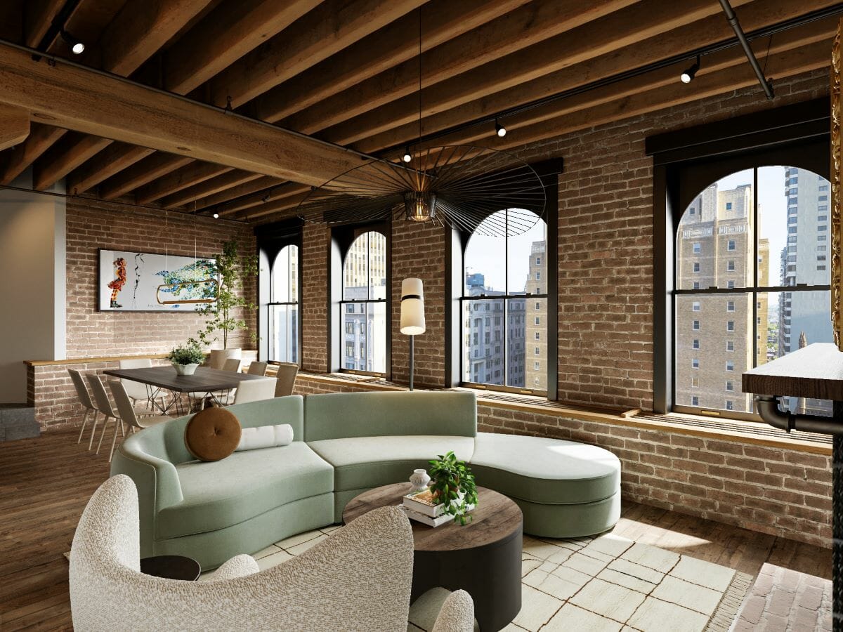 Modern warehouse loft living room design by Decorilla