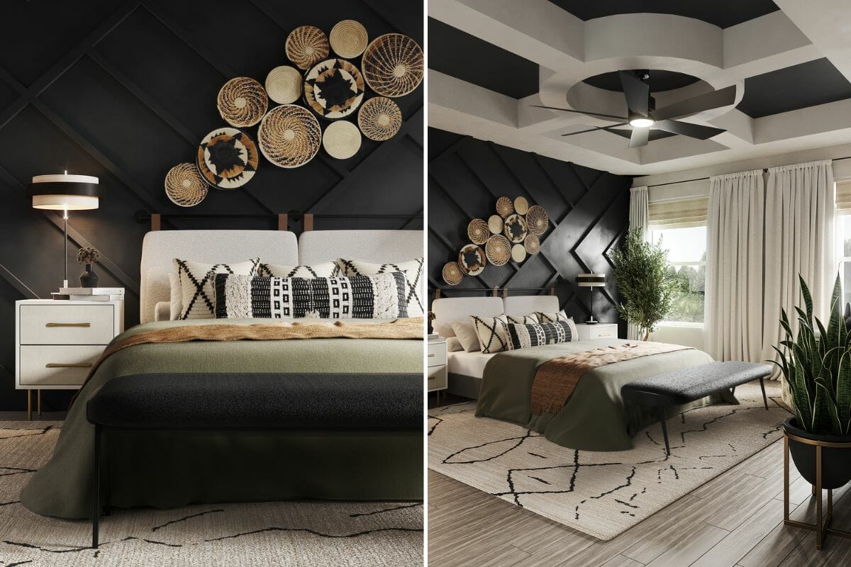 Moody boho bedroom inspiration by Decorilla designer Casey H.