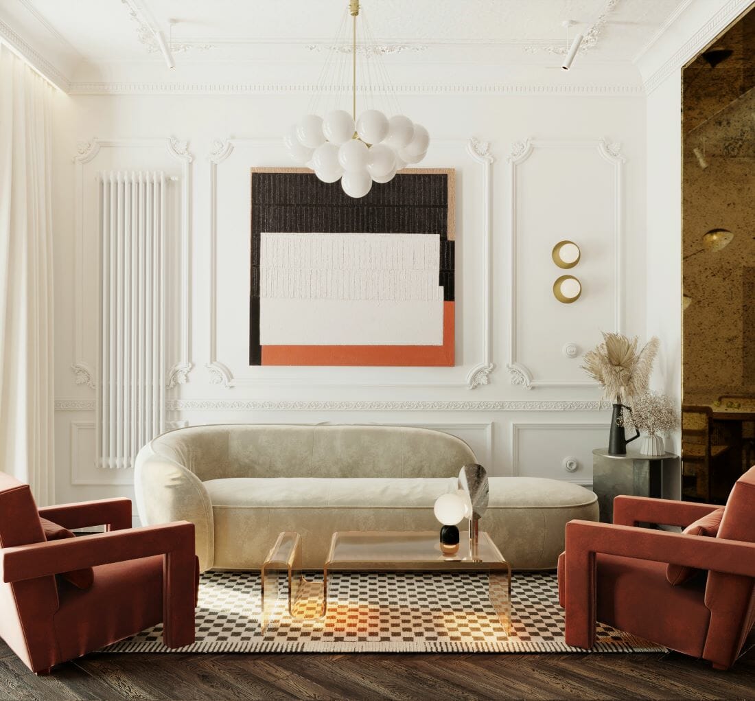 Neoclassic aesthetic in a modern living room by Decorilla designer Kristina B.