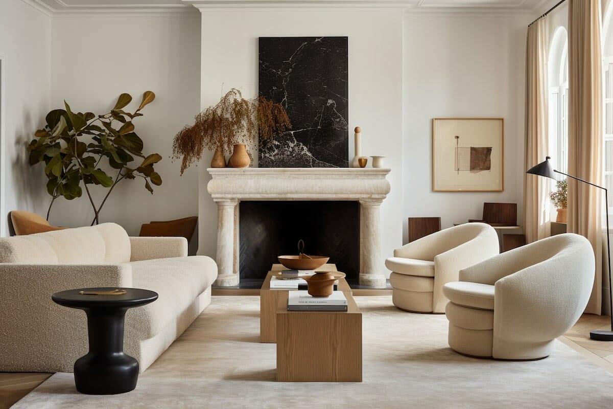 Neoclassical living room with built in shelves