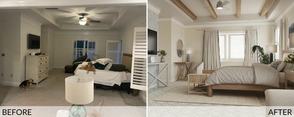 Neutral beach bedroom before (left) and after (right) design by Decorilla