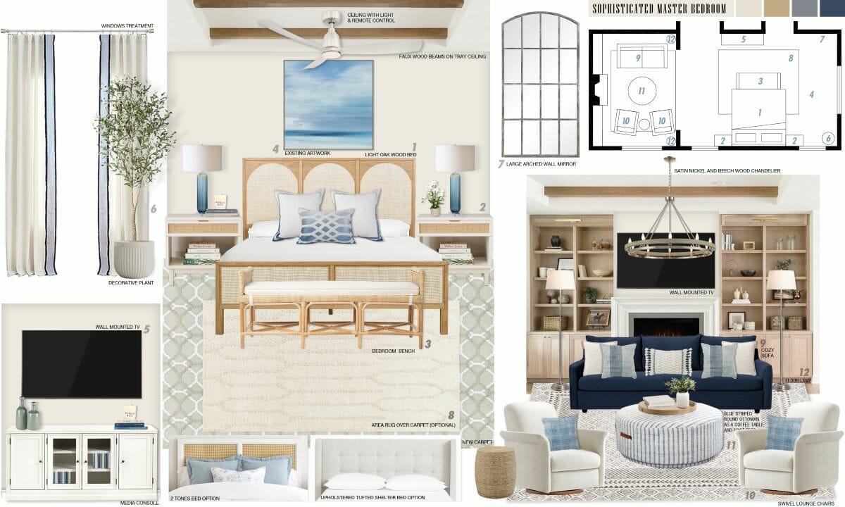 Neutral coastal bedroom design moodboard by Decorilla
