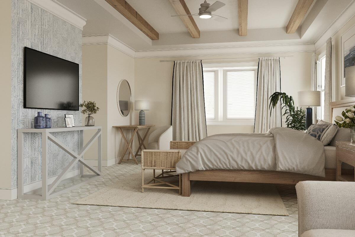 Neutral coastal bedroom interior design by Decorilla