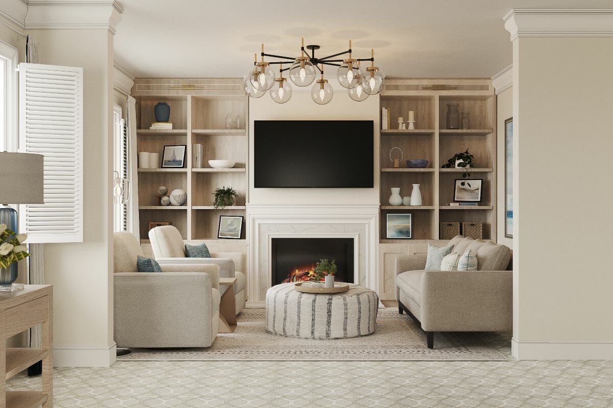 Neutral coastal decor in a bedroom seating area by Decorilla