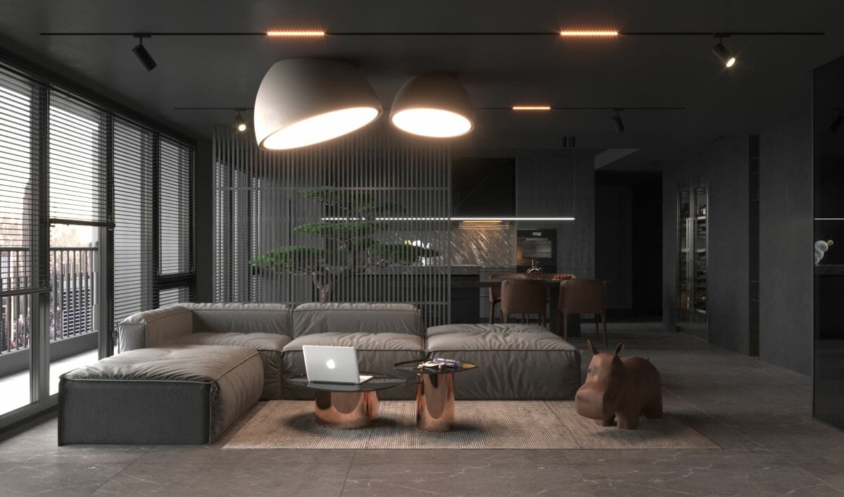 Oversized modular lighting trends blending right into the living room aesthetic vision of Decorilla designer Mona H.